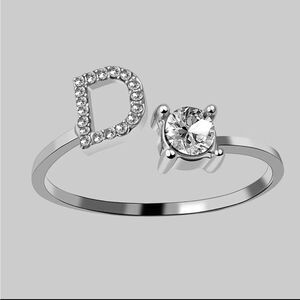 Letter D Adjustable One Size Silver Ring w. Rhinestones